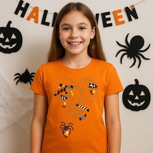 Cat & Jack Girl's Graphic T-Shirt Orange Halloween Spiders Glitter Web L (10/12)